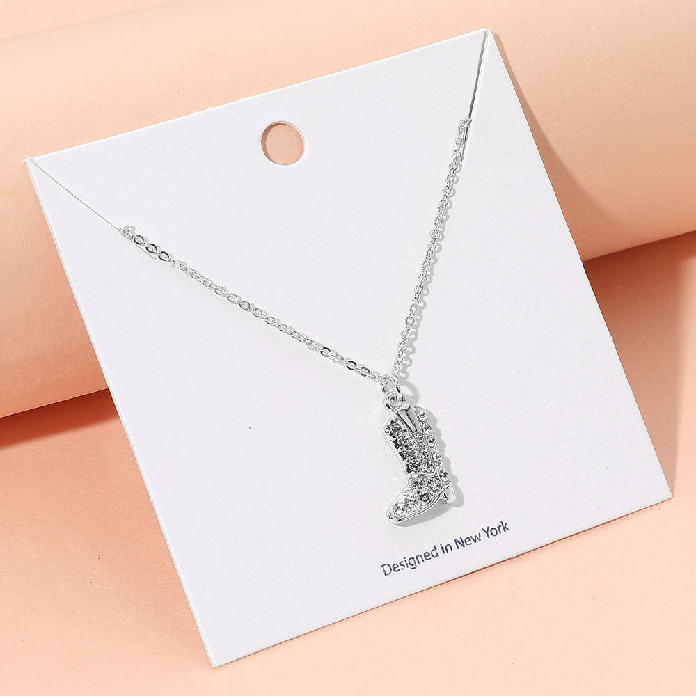 Rhinestone Embellished Western Boot Pendant Necklace