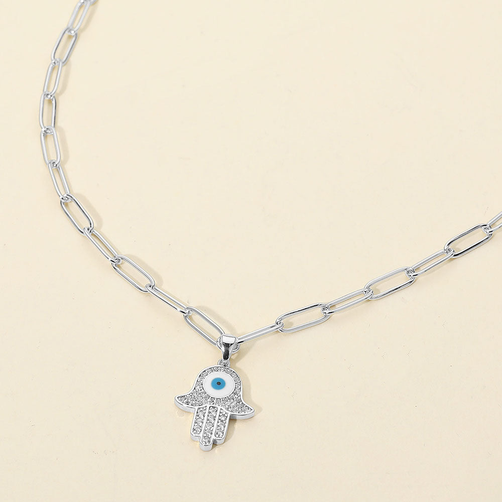 Stainless Steel CZ Stone Paved Evil Eye Hamsa Hand Pendant Paperclip Chain Necklace