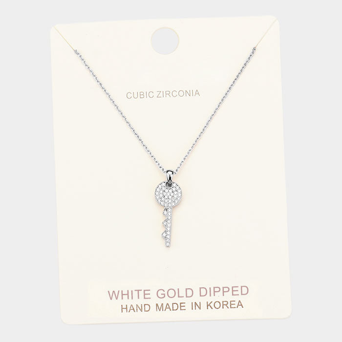 White Gold Dipped Cubic Zirconia Key Pendant Necklace
