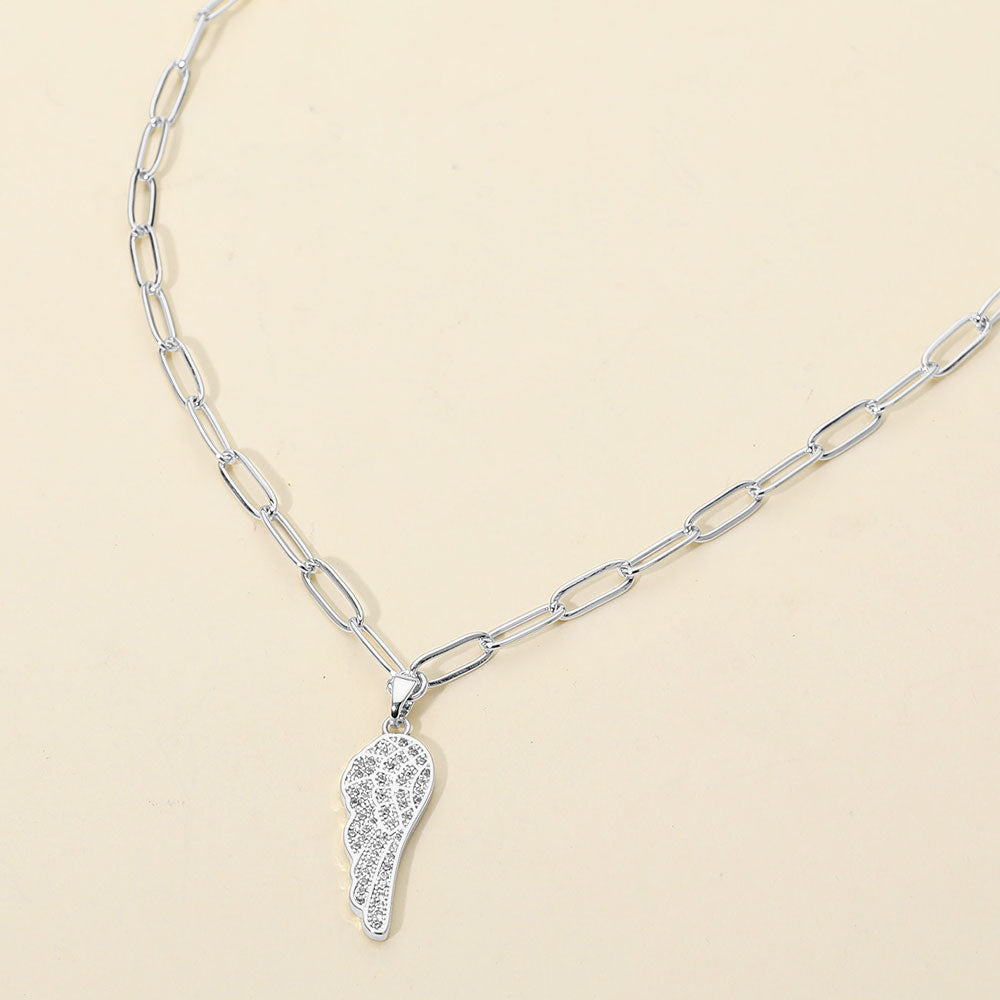 Stainless Steel CZ Stone Paved Angel Wing Pendant Paperclip Chain Necklace