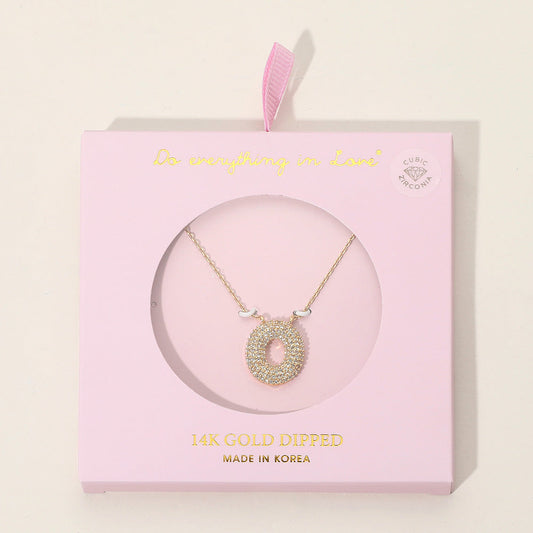 -O- 14K Gold Dipped CZ Stone Paved Initial Monogram Pendant Necklace