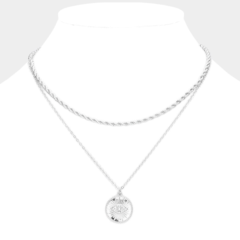 Rhinestone Embellished Evil Eye Round Pendant Layered Necklace