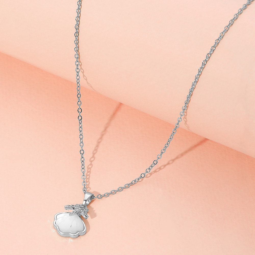 Stainless Steel Stone Paved Starfish Mother of Pearl Sea Shell Pendant Necklace