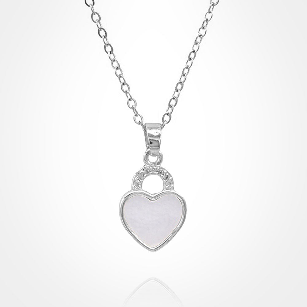 Stainless Steel CZ Stone Accent Mother of Pearl Heart Pendant Necklace