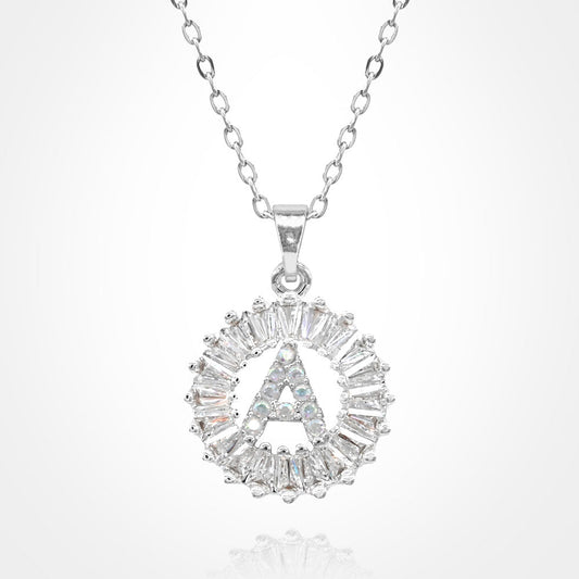 -A- Stainless Steel CZ Stone Embellished Round Initial Monogram Pendant Necklace