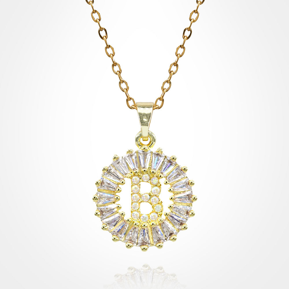 -B- Stainless Steel CZ Stone Embellished Round Initial Monogram Pendant Necklace