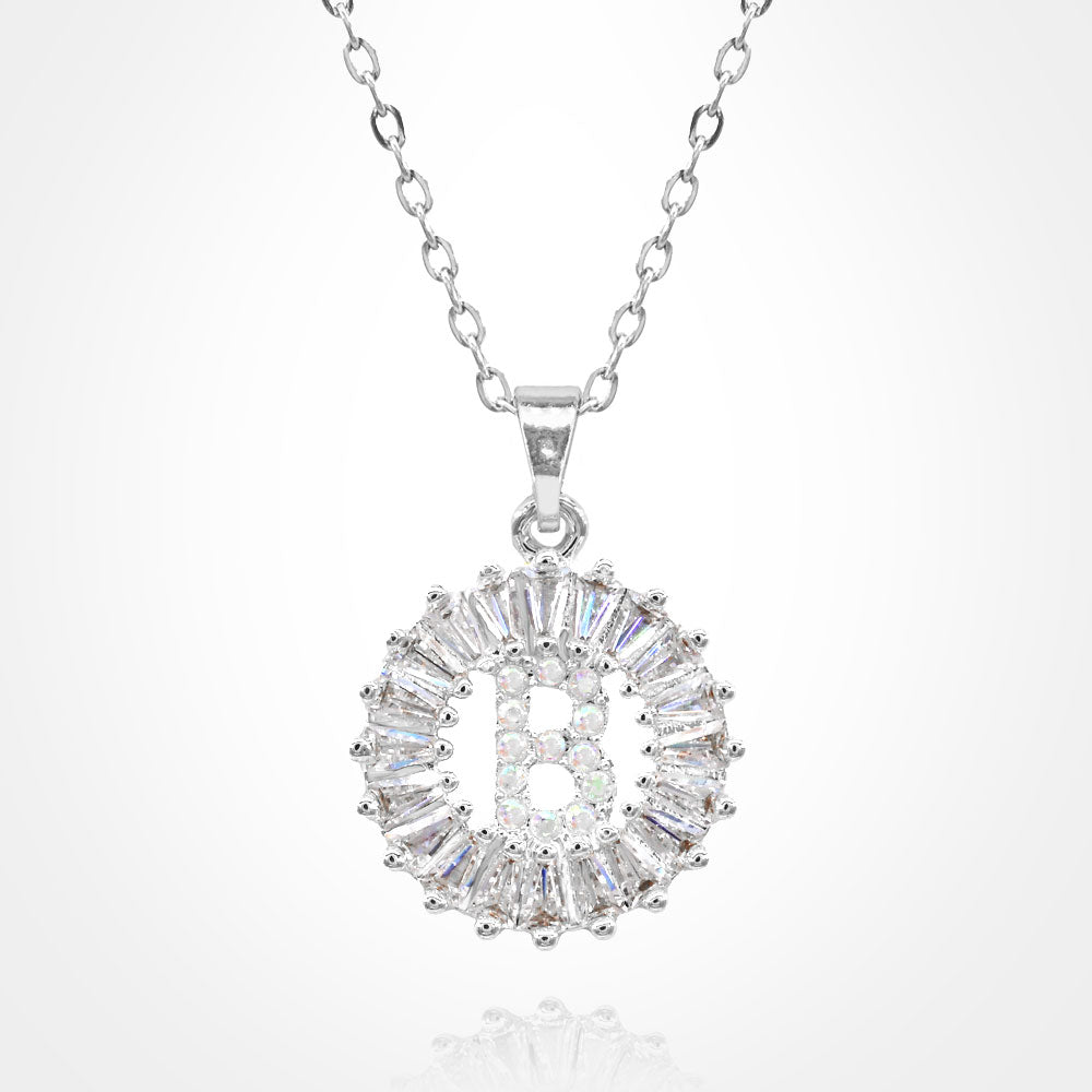 -B- Stainless Steel CZ Stone Embellished Round Initial Monogram Pendant Necklace