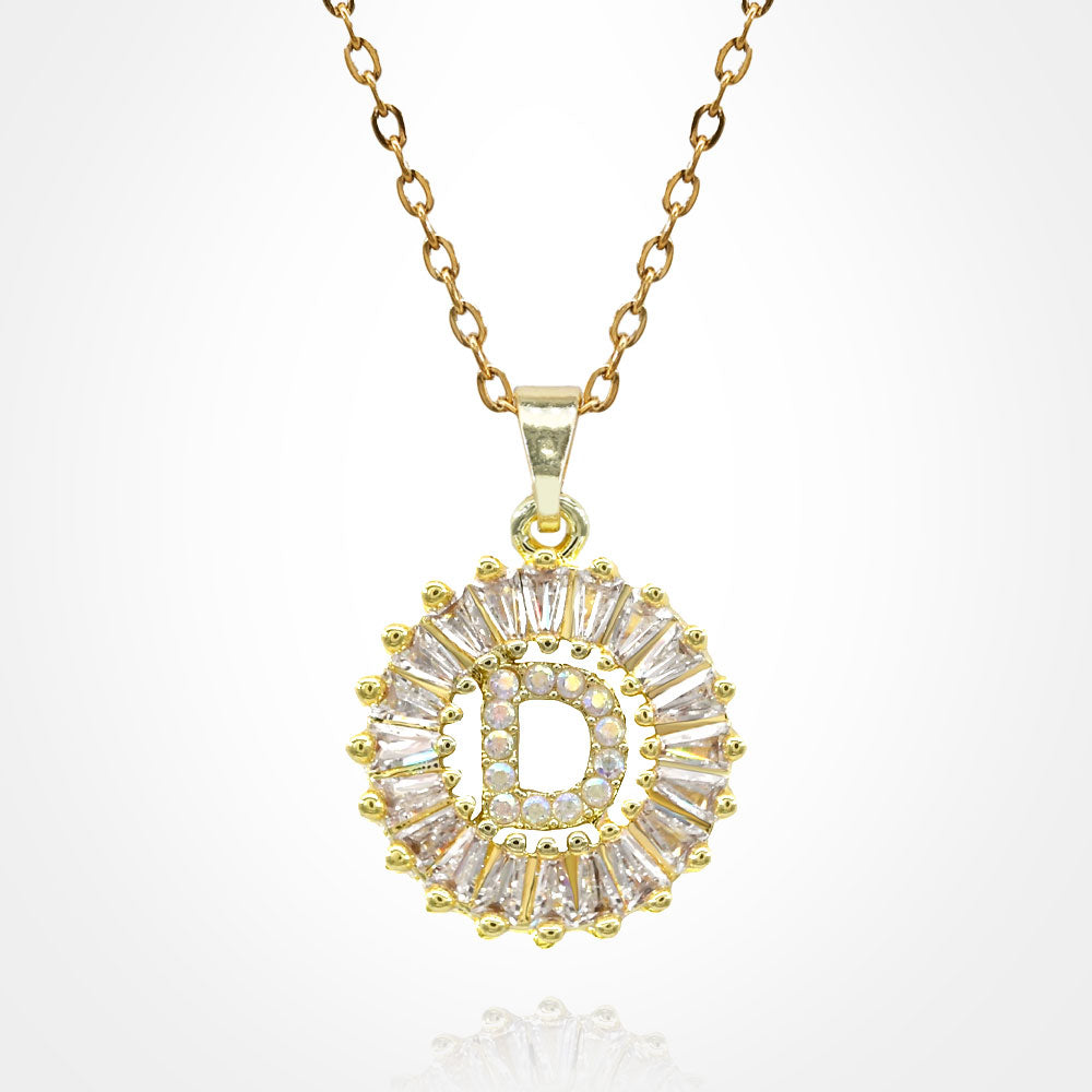 -D- Stainless Steel CZ Stone Embellished Round Initial Monogram Pendant Necklace