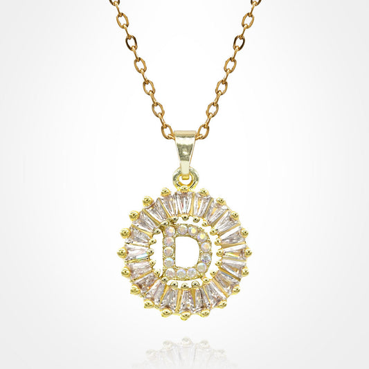 -D- Stainless Steel CZ Stone Embellished Round Initial Monogram Pendant Necklace
