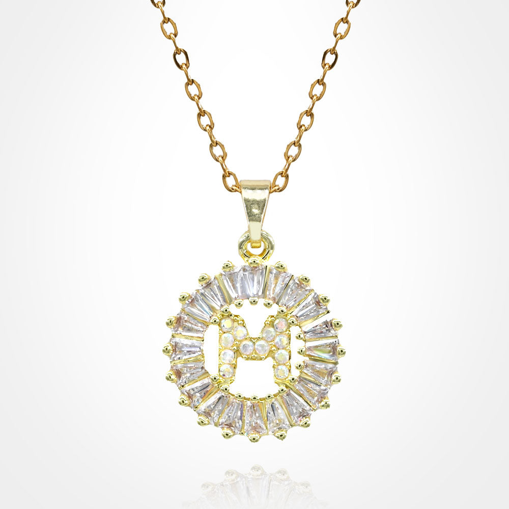 -M- Stainless Steel CZ Stone Embellished Round Initial Monogram Pendant Necklace