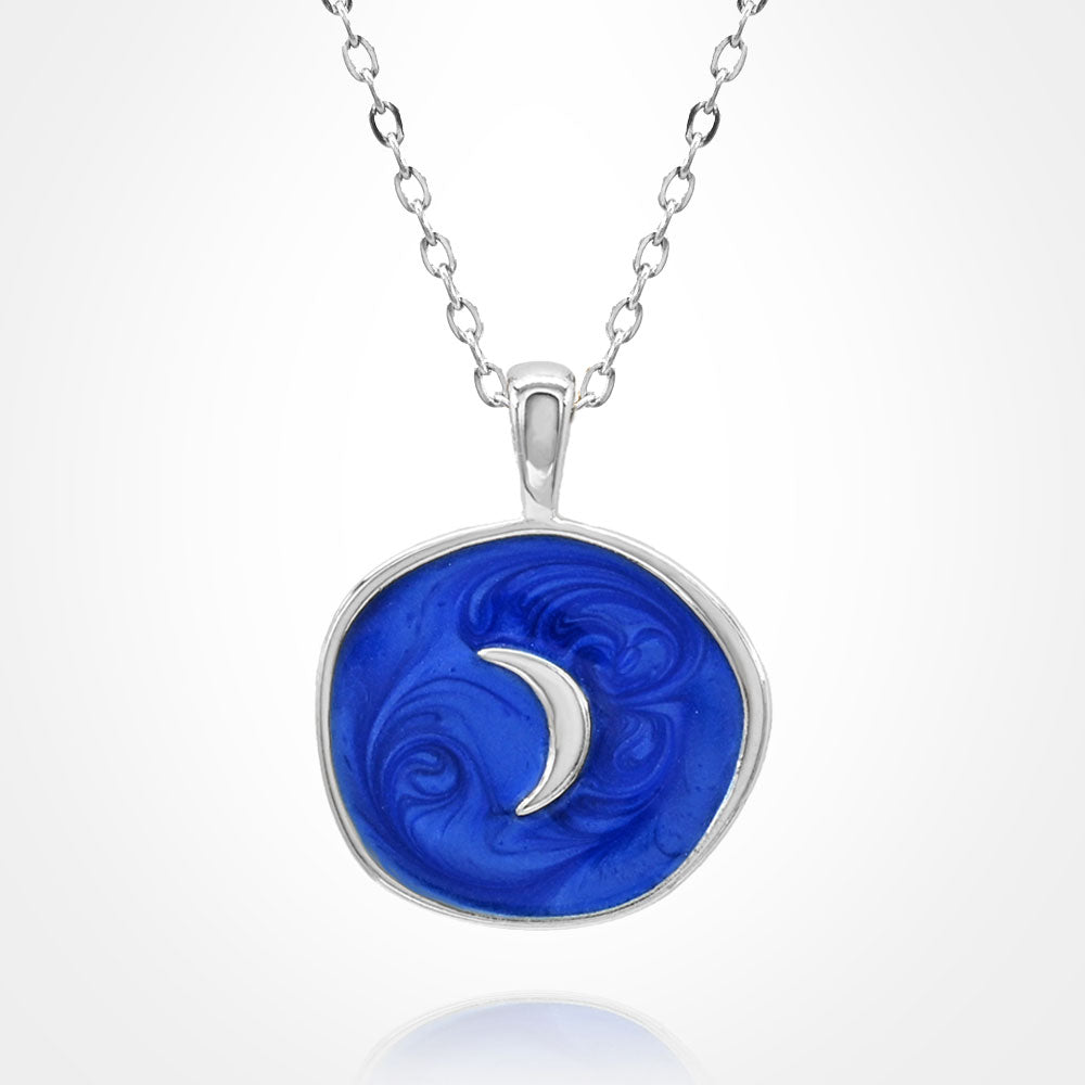 Stainless Steel Swirl Enamel Crescent Moon Embossed Pendant Necklace