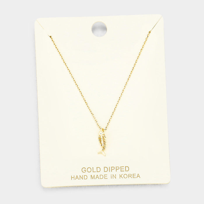 Gold Dipped Metal Fishbone Pendant Necklace