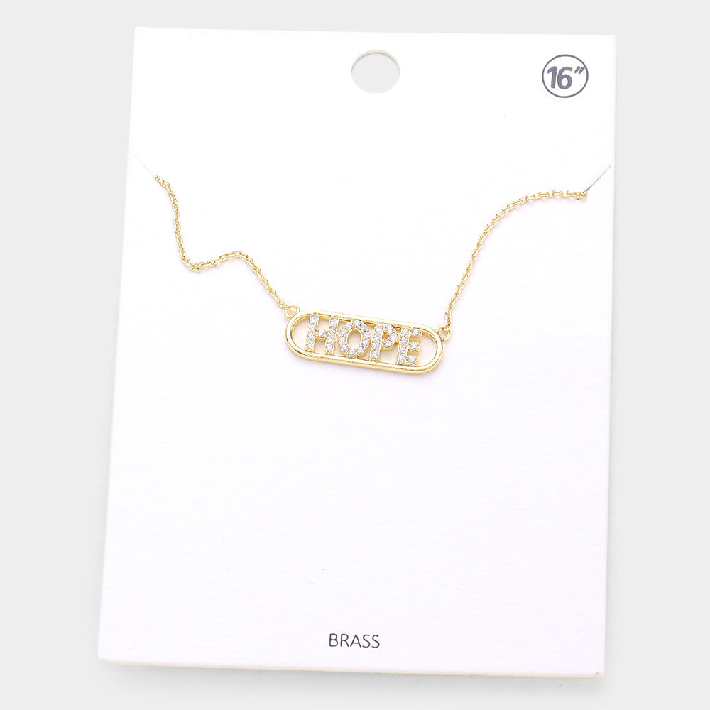 HOPE Brass Rhinestone Embellished Message Pendant Necklace
