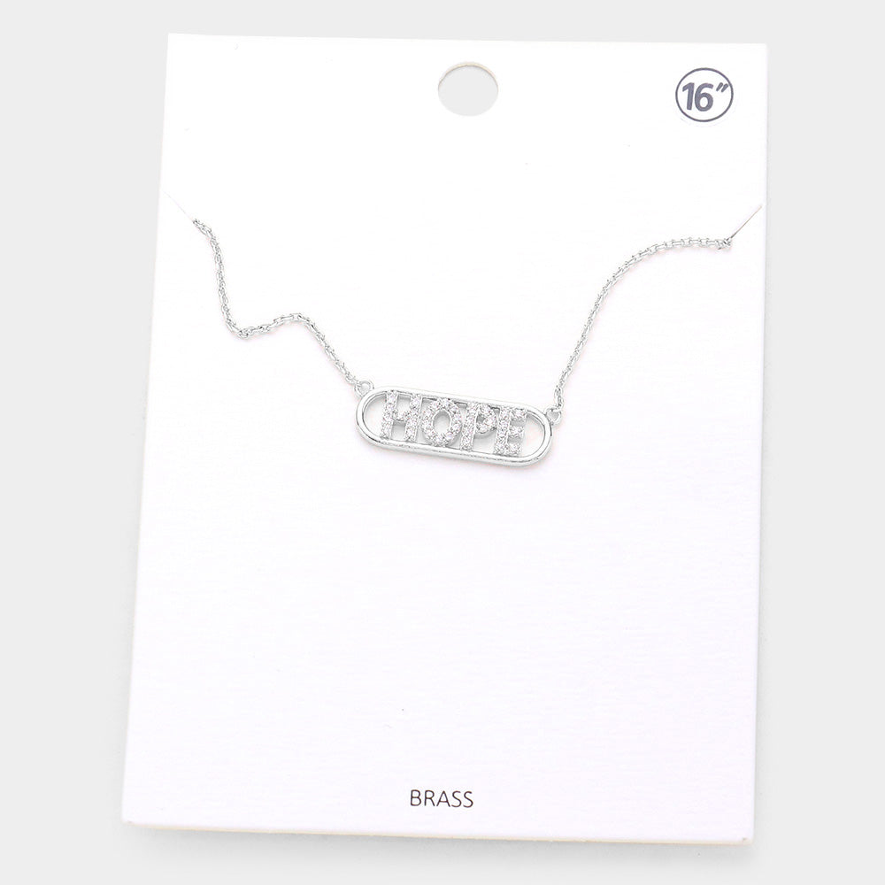HOPE Brass Rhinestone Embellished Message Pendant Necklace