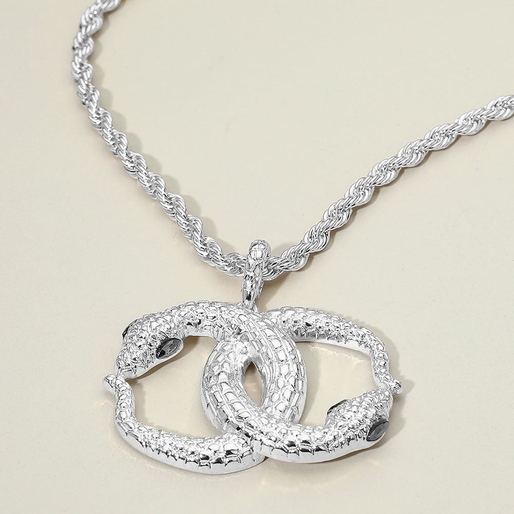 Bold Textured Metal Interlocking Snake Pendant Chunky Twisted Chain Necklace