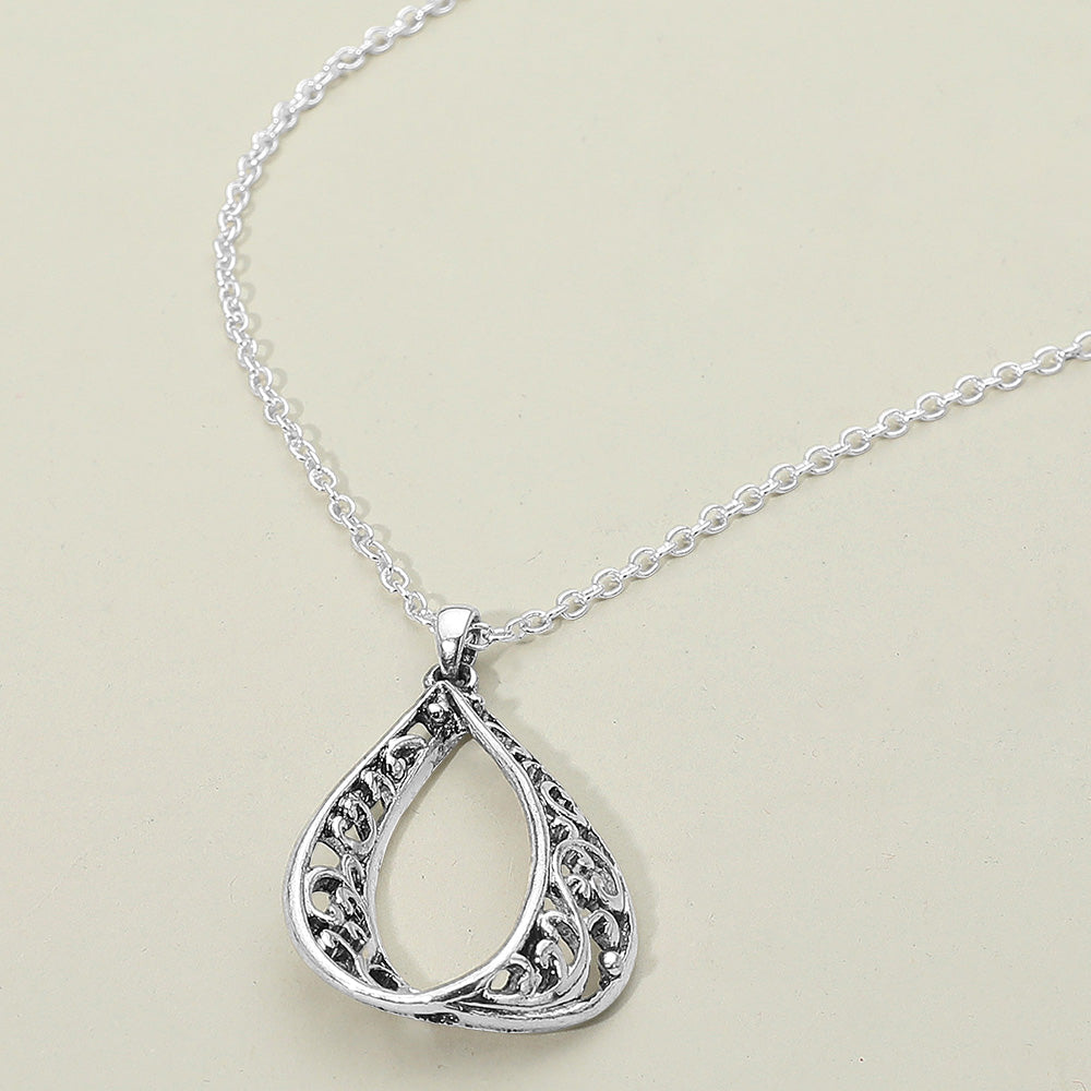 Antique Metal Filigree Ornate Open Teardrop Pendant Necklace