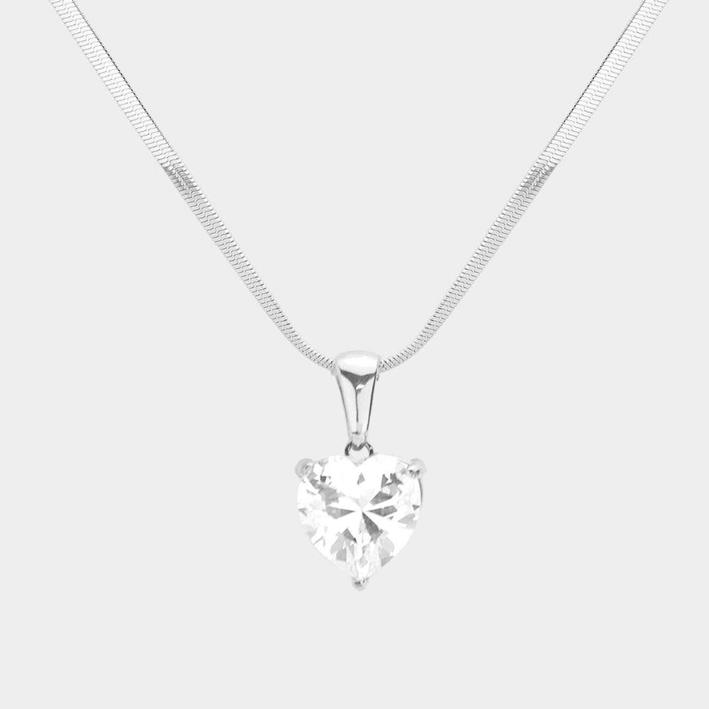 Stainless Steel CZ Heart Pendant Necklace