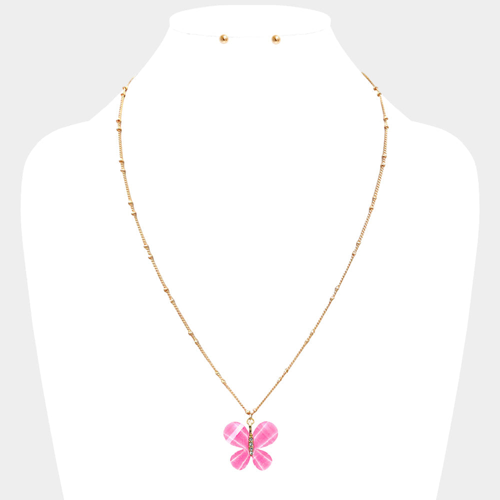 Glittered Resin Butterfly Pendant Necklace