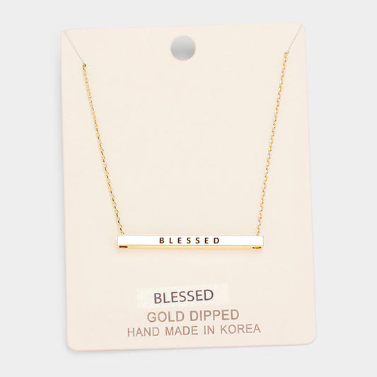 'Blessed' Horizontal Metal Bar Pendant Necklace