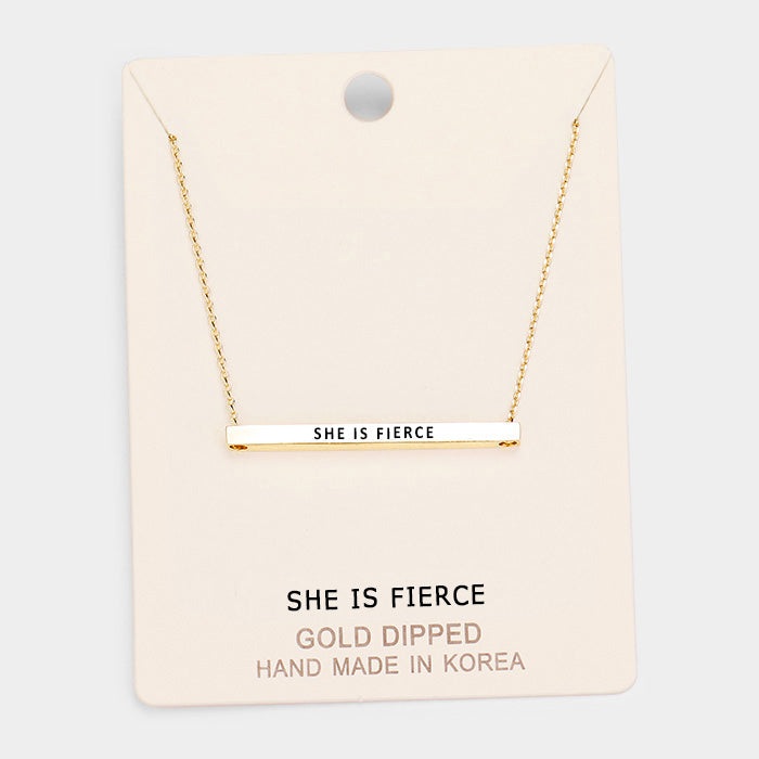 'She Is Fierce' Horizontal Metal Bar Pendant Necklace