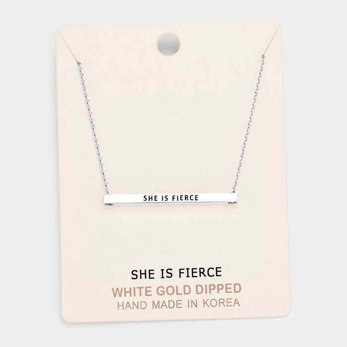 'She Is Fierce' Horizontal Metal Bar Pendant Necklace