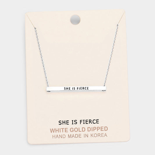 'She Is Fierce' Horizontal Metal Bar Pendant Necklace