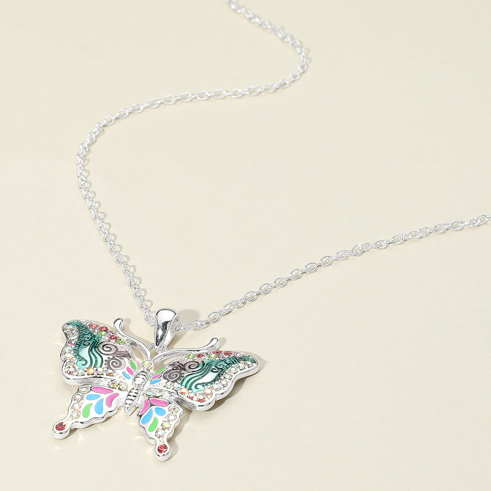 Antique Metal Enamel Butterfly Pendant Necklace