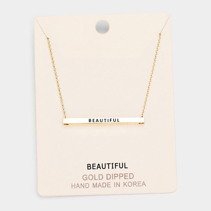 'Beautiful' Horizontal Metal Bar Pendant Necklace