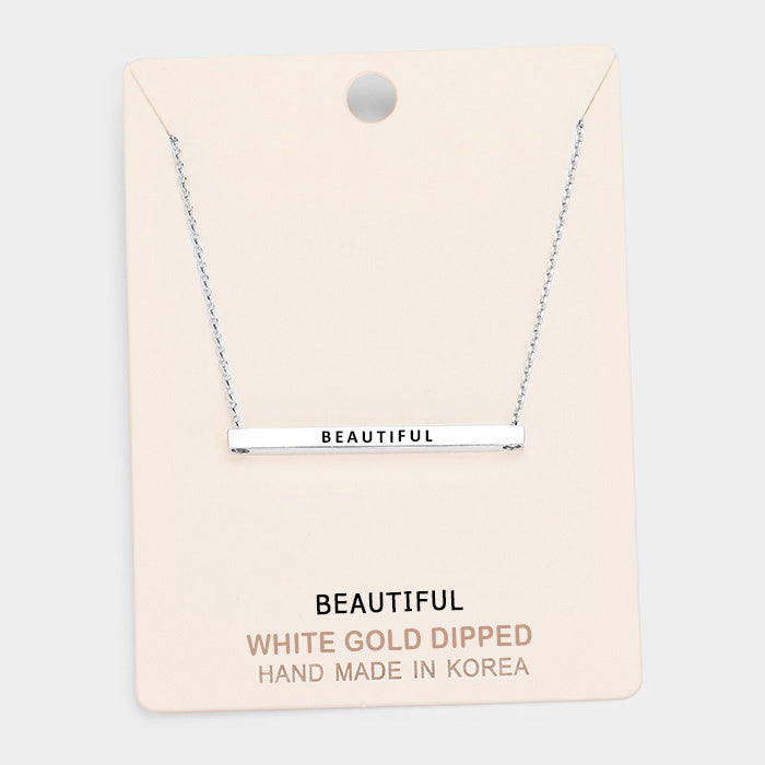 'Beautiful' Horizontal Metal Bar Pendant Necklace