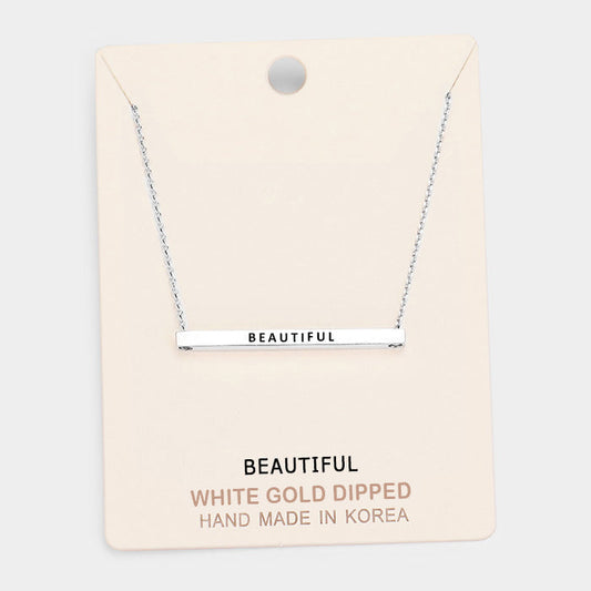 'Beautiful' Horizontal Metal Bar Pendant Necklace