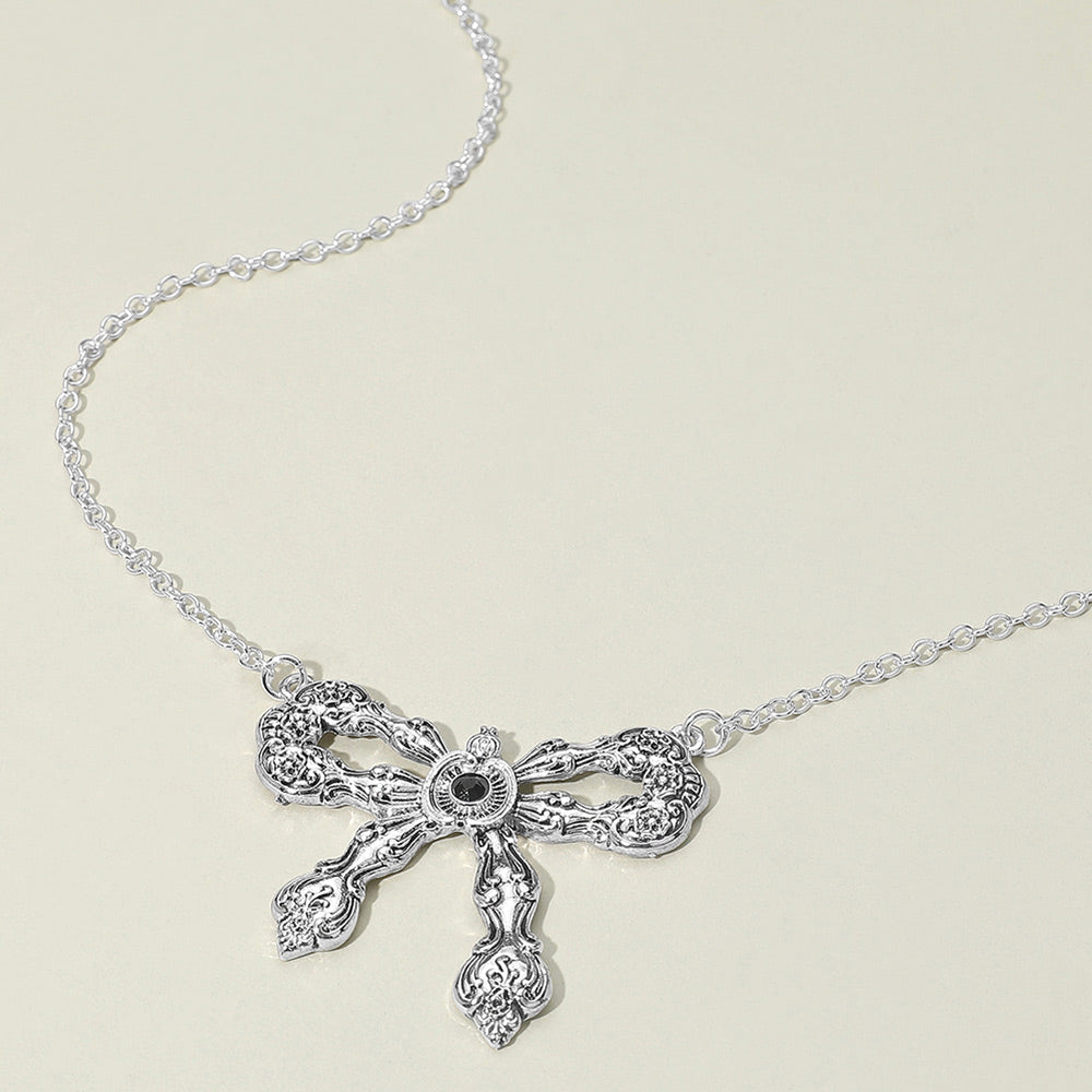 Stone Accent Antique Metal Vintage Bow Pendant Necklace