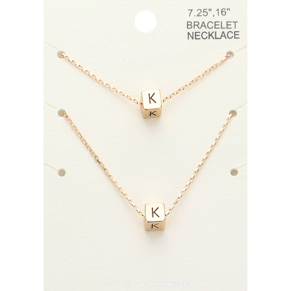 2PCS - -K- Initial Monogram Metal Cube Pendant Necklace / Bracelet Set