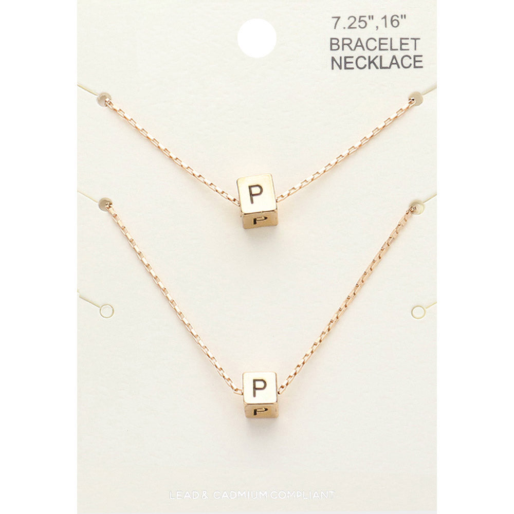 2PCS - -P- Initial Monogram Metal Cube Pendant Necklace / Bracelet Set