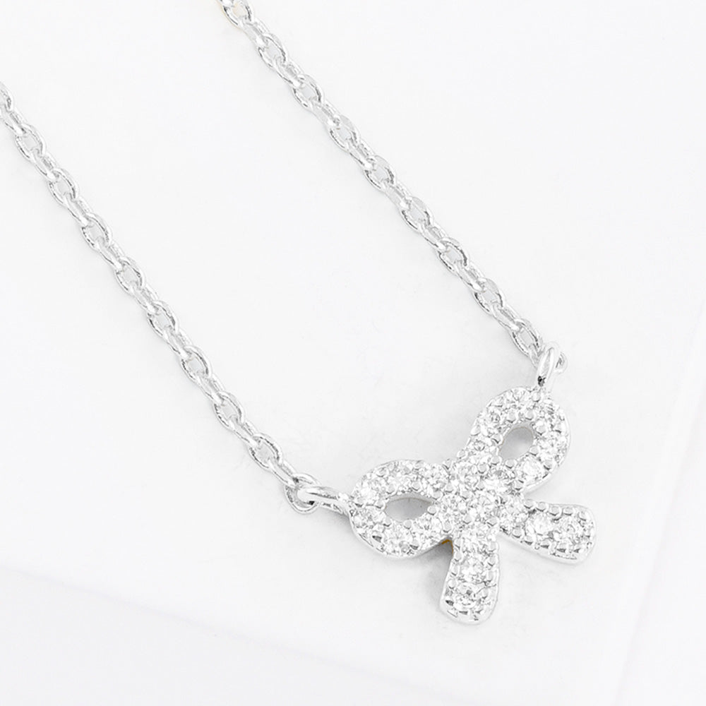 White Gold Dipped CZ Stone Paved Bow Pendant Necklace
