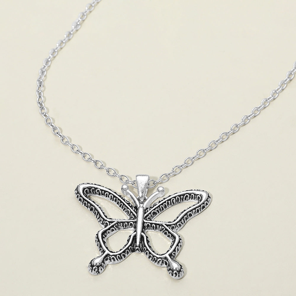 Antique Metal Open Butterfly Pendant Necklace