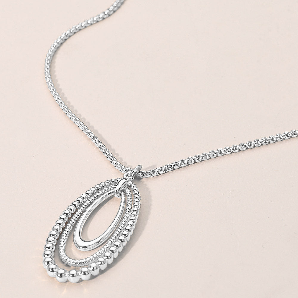 Metal Beaded Edge Layered Open Oval Pendant Necklace