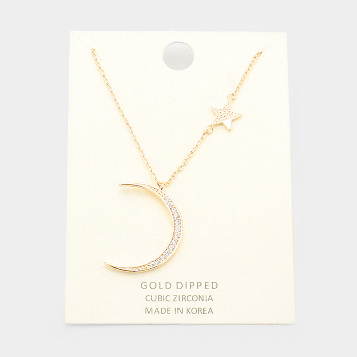 Gold Dipped Cubic Zirconia Moon Star Pendant Necklace