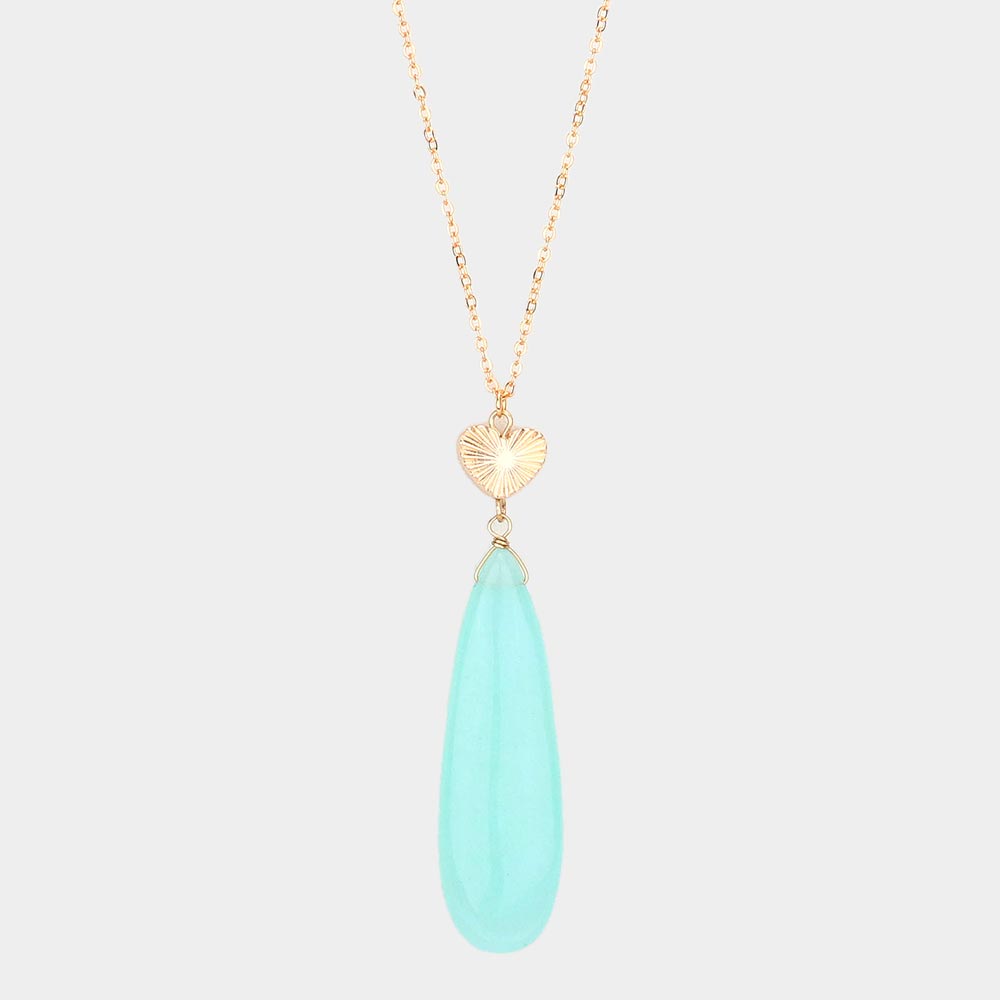 Metal Heart Teardrop Natural Stone Link Pendant Long Necklace