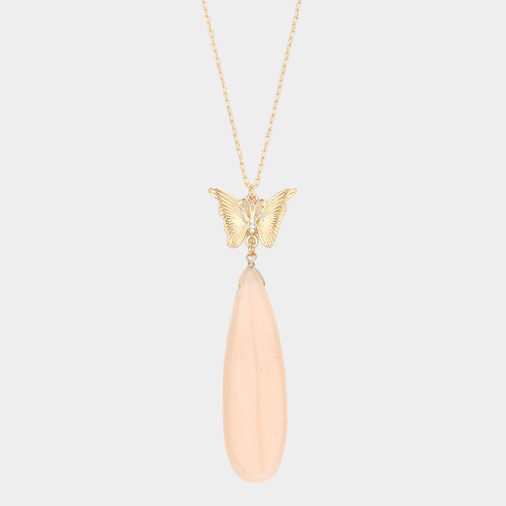 Butterfly Natural Stone Teardrop Link Pendant Long Necklace