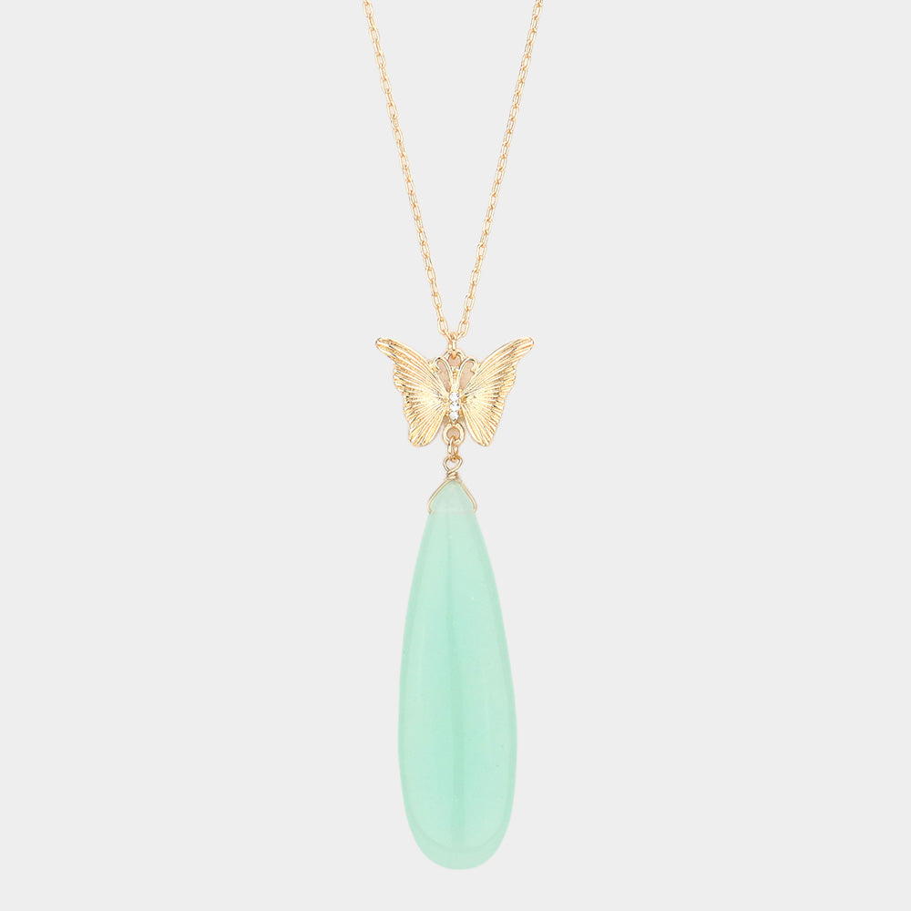 Butterfly Natural Stone Teardrop Link Pendant Long Necklace