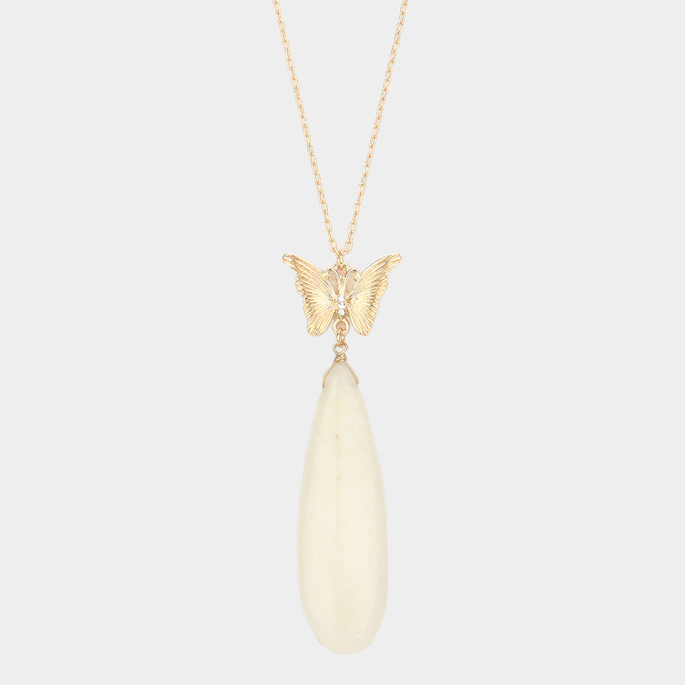 Butterfly Natural Stone Teardrop Link Pendant Long Necklace