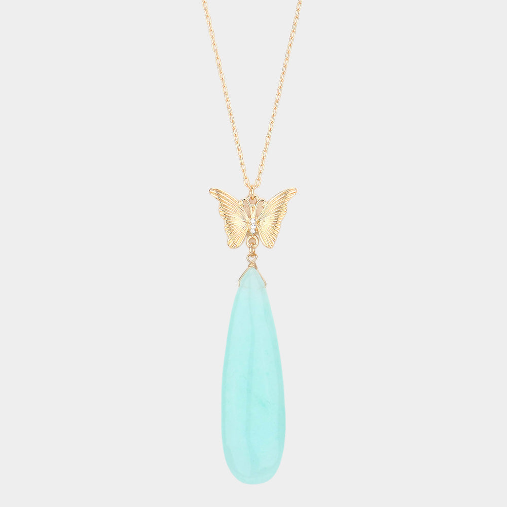 Butterfly Natural Stone Teardrop Link Pendant Long Necklace