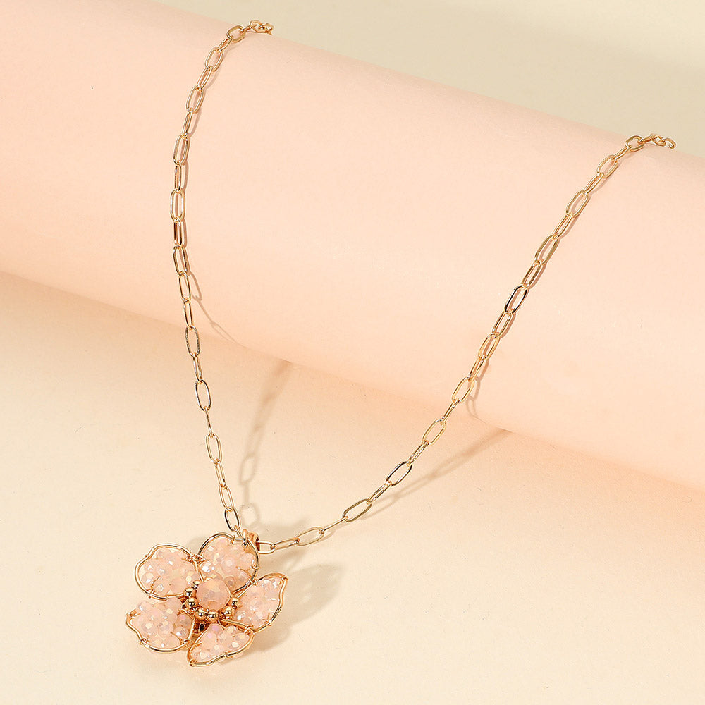 Beaded Flower Pendant Paperclip Chain Necklace