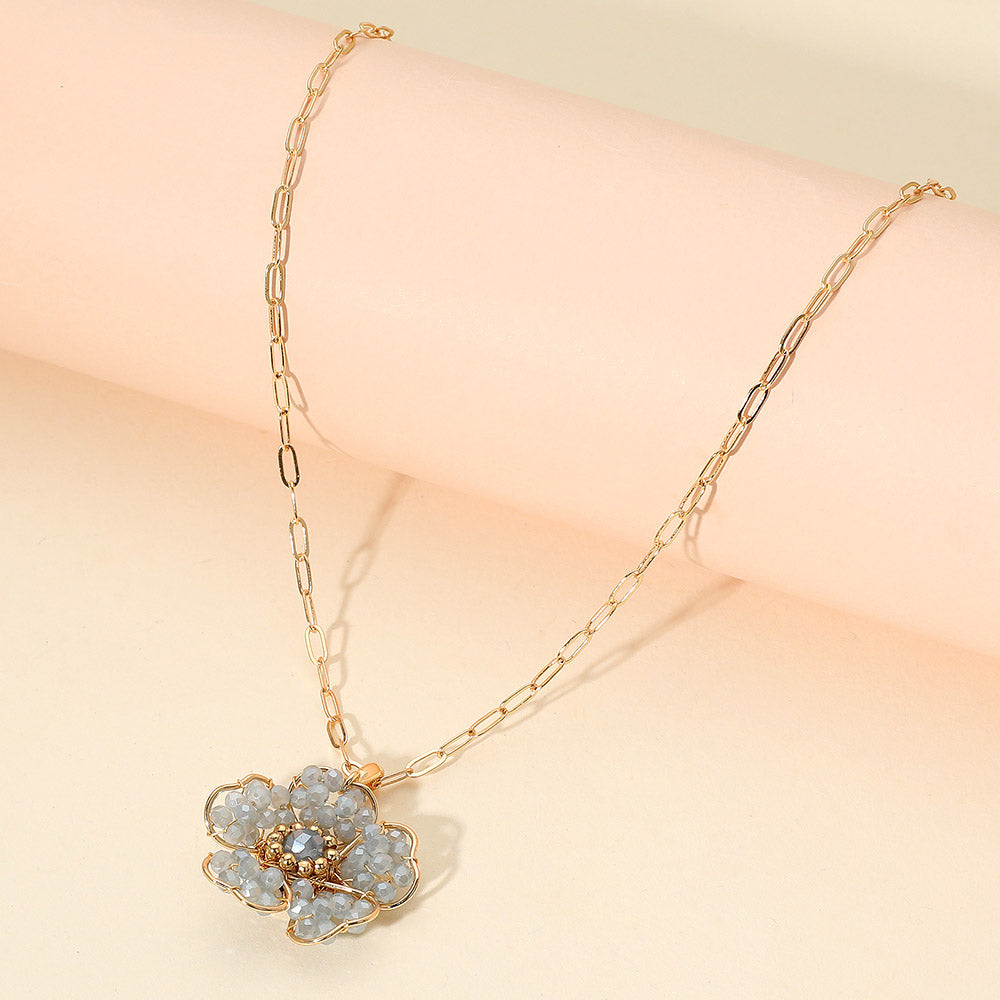Beaded Flower Pendant Paperclip Chain Necklace