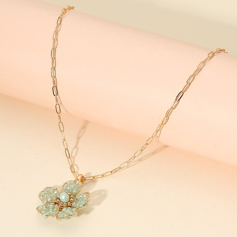 Beaded Flower Pendant Paperclip Chain Necklace