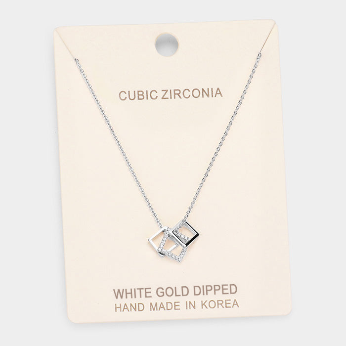 White Gold Dipped Cubic Zirconia Square Pendant Necklace