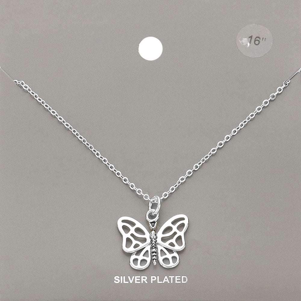 Silver Plated Metal Butterfly Pendant Necklace