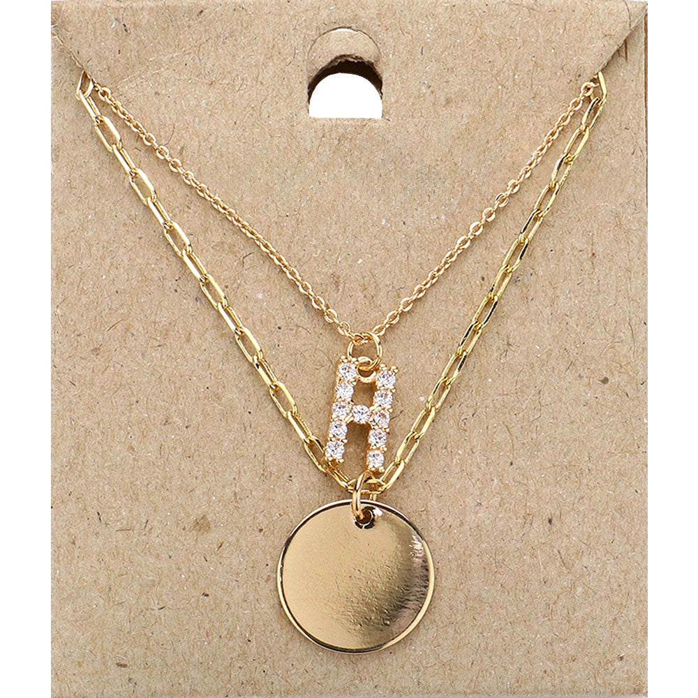 -H- Rhinestone Initial Initial Monogram Metal Disc Pendant Double Layered Necklace