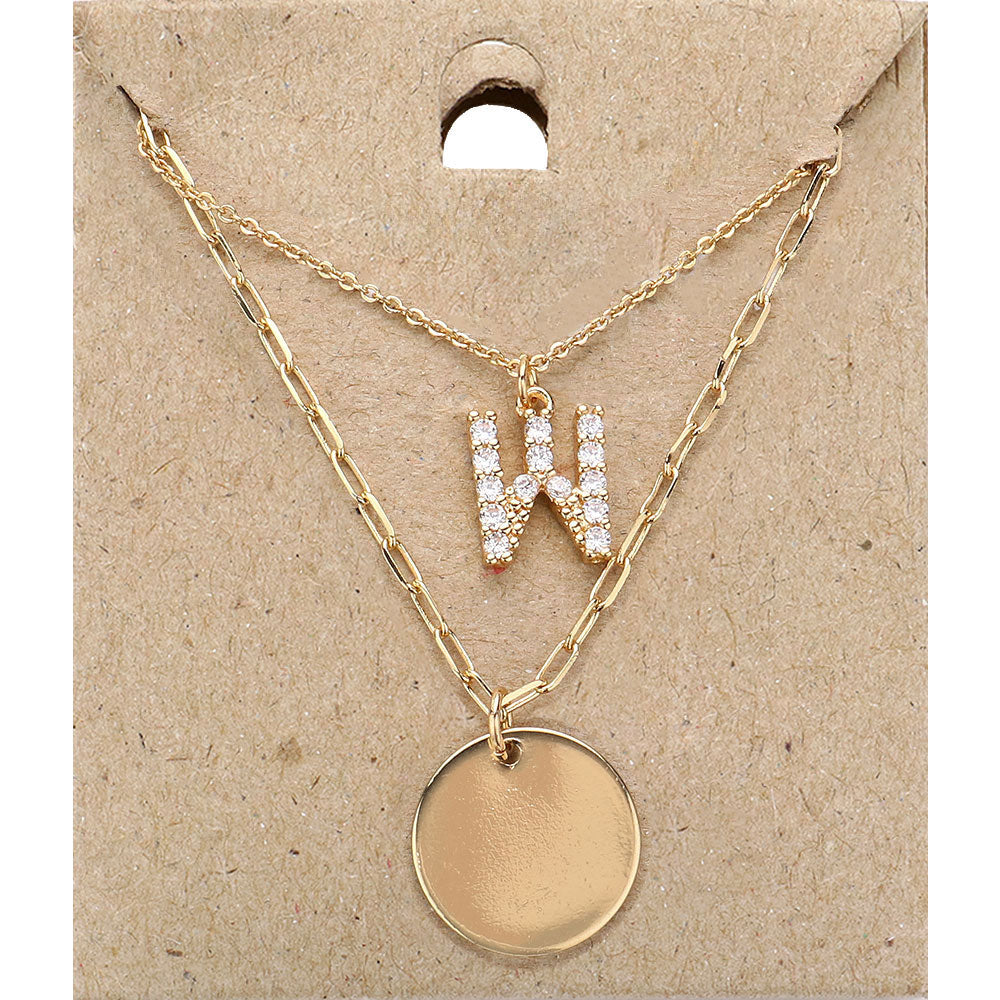 -W- Rhinestone Initial Monogram Metal Disc Pendant Double Layered Necklace