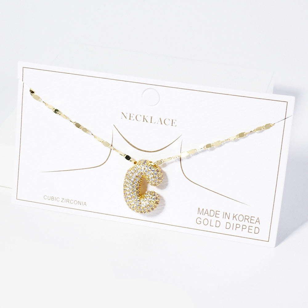 -C- Gold Dipped CZ Stone Paved Initial Monogram Pendant Necklace